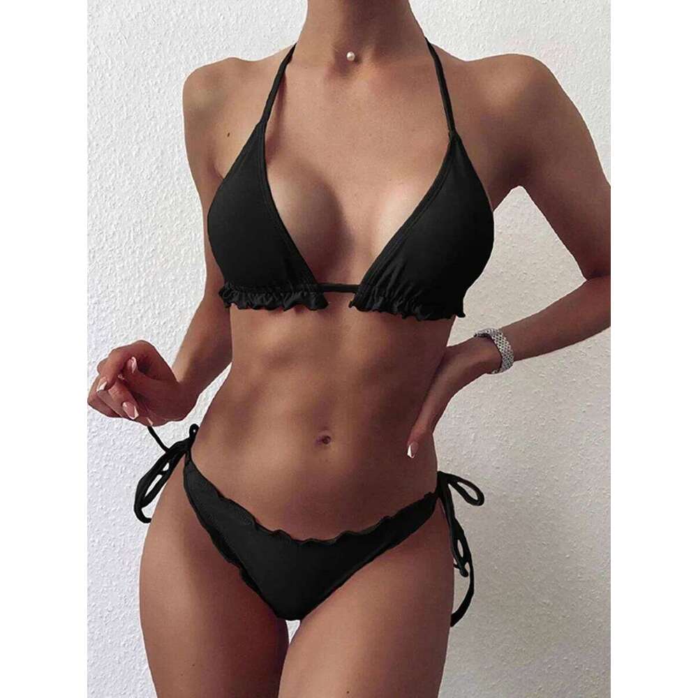 Sexy Halter String Ruffled Frilled 2025 Women Swimsuit Female Swimwear Two pieces Bikini Set Bather bathing suit Swim XJ260206