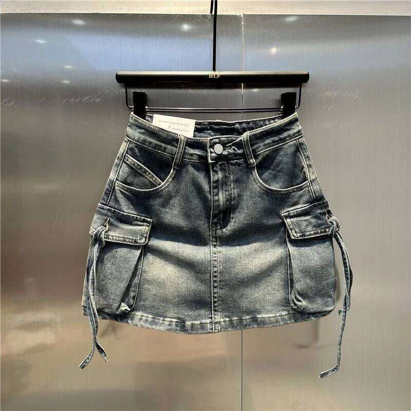 2024 New Fashion Three Dimensional Strap Pocket Wash High Tooling Denim Women Y2K Summer Vintage Casual Joker A Skirt XJ260309