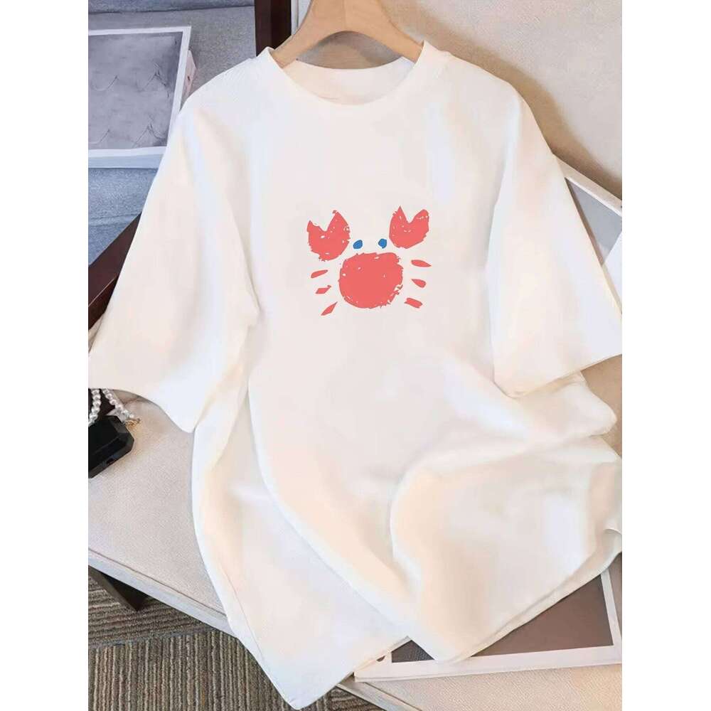 Shirt Style Black Round Neck Breathable Casual Top Crab Print Graphic T Shirts Vintage Summer Streetwear Women Clothing XJ260306
