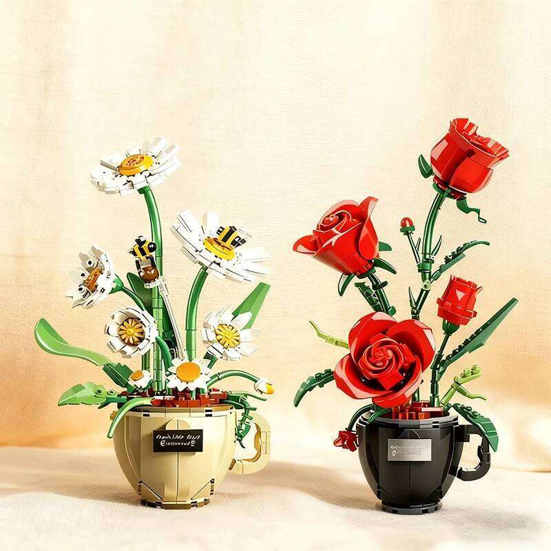 496PCS Or 450PCS Creative Daisy Rose Building Blocks Flower Bouquet Vase Model Bricks Set Home Decoration Kids Girl Toy Gift C260306