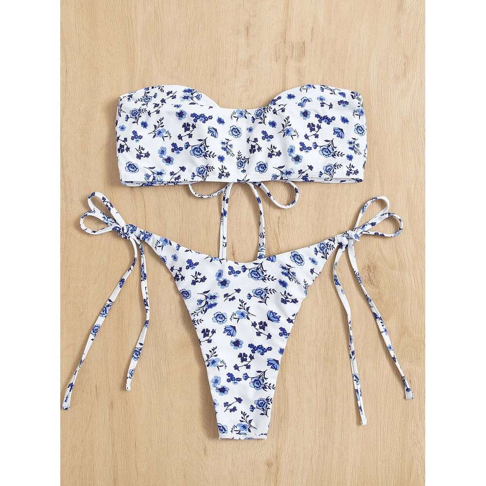 Cross-border printed bikini bandeau split swimsuit set XJ260206