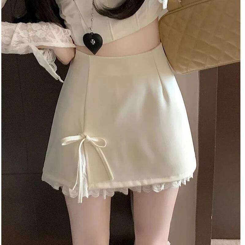 Sweet Bow Up Women Mini Korean Elegant Spliced Lace Design A-line Stylish High Waist Slimming Female Slit Skirt XJ260309
