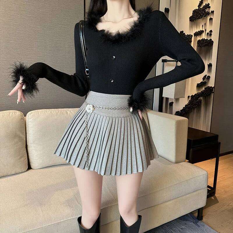 Korean Fashion Preppy Style Mini Women A-line High Waist Female Pleated Skirt Chain Lace-up Elegant Skirts XJ260309