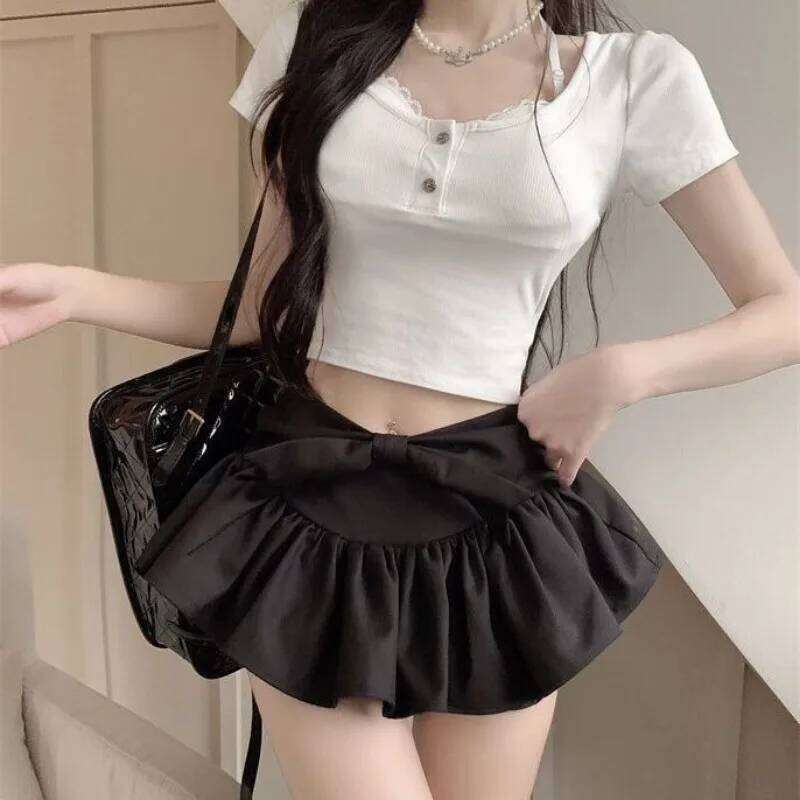 Kawaii Black Mini Women Y2k Fluffy Cake Streetwear Club High Waisted Pants Skirt A-line Ruffle Ballet Girl Harajuku XJ260309