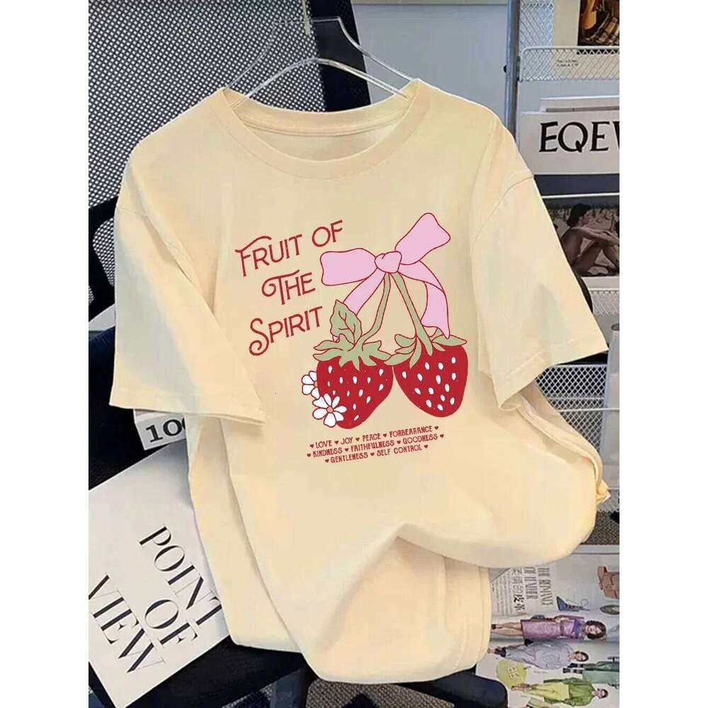 Summer T-Shirts Women Fruit of The Spirit Strawberry Print Tops O-Neck Soft Comfortable T Shirt Basic Woman Clothes Graphic Y2K XJ260306