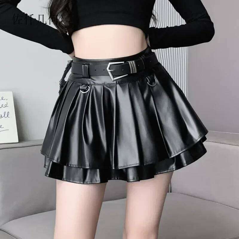 New Pleated Leather Skirts Women Korean High-waisted Solid A-line High Street Fashion Basics Short Skirt Female XJ260309