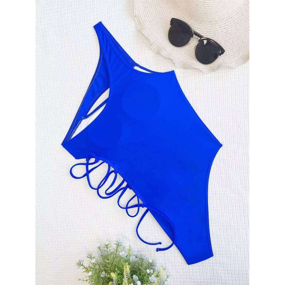 High Cut Drawstring Bikini Black Sexy Hollow Out Luxury Swimsuit Cross Bandage Monokini Punk Swimwear Women Bath Beach Swim Suit XJ260206