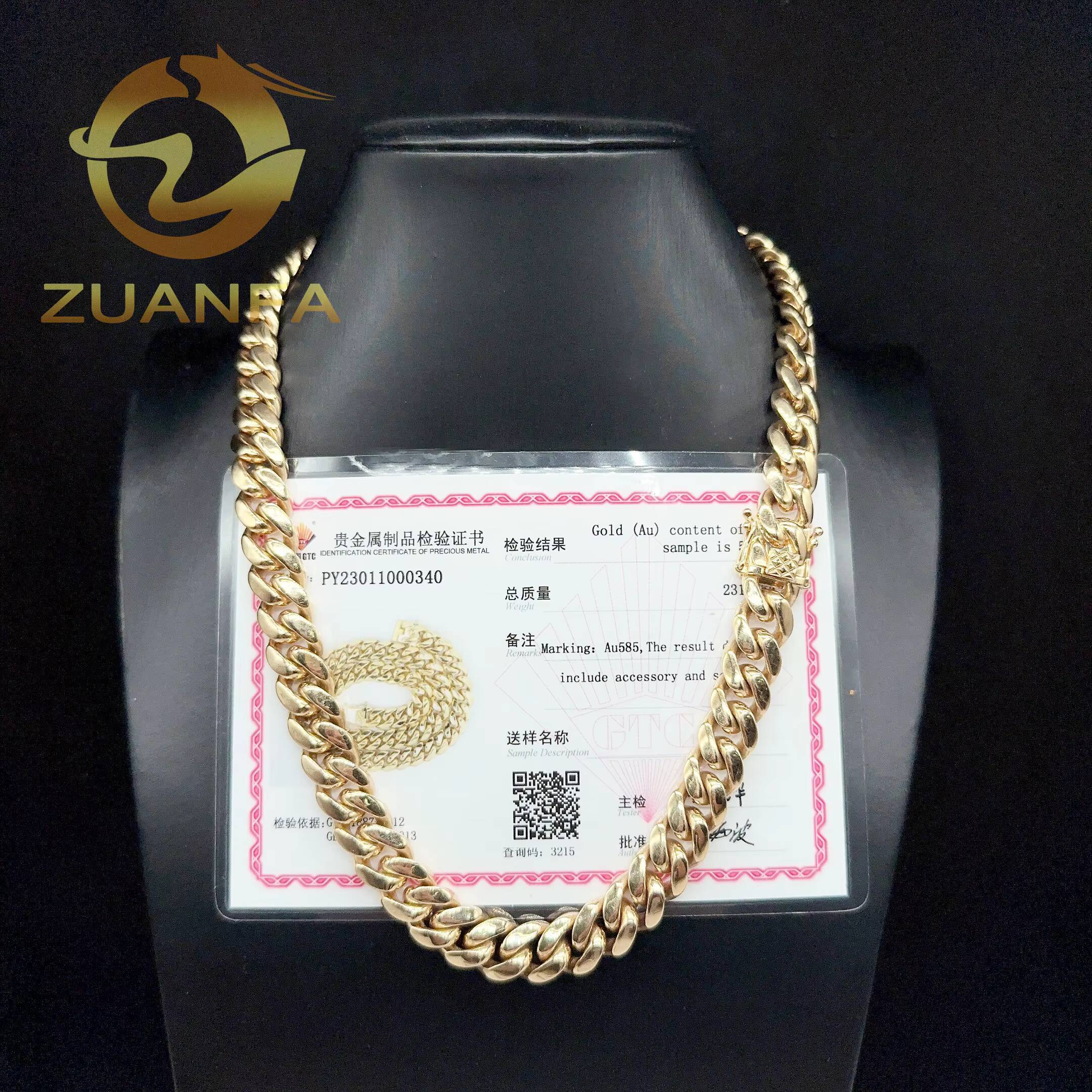 Luxury 14k Solid Gold Cuban Chain 12mm AU585 Gold Hip Hop Jewelry Rapper Miami Cuban Link Chain Necklace for Men