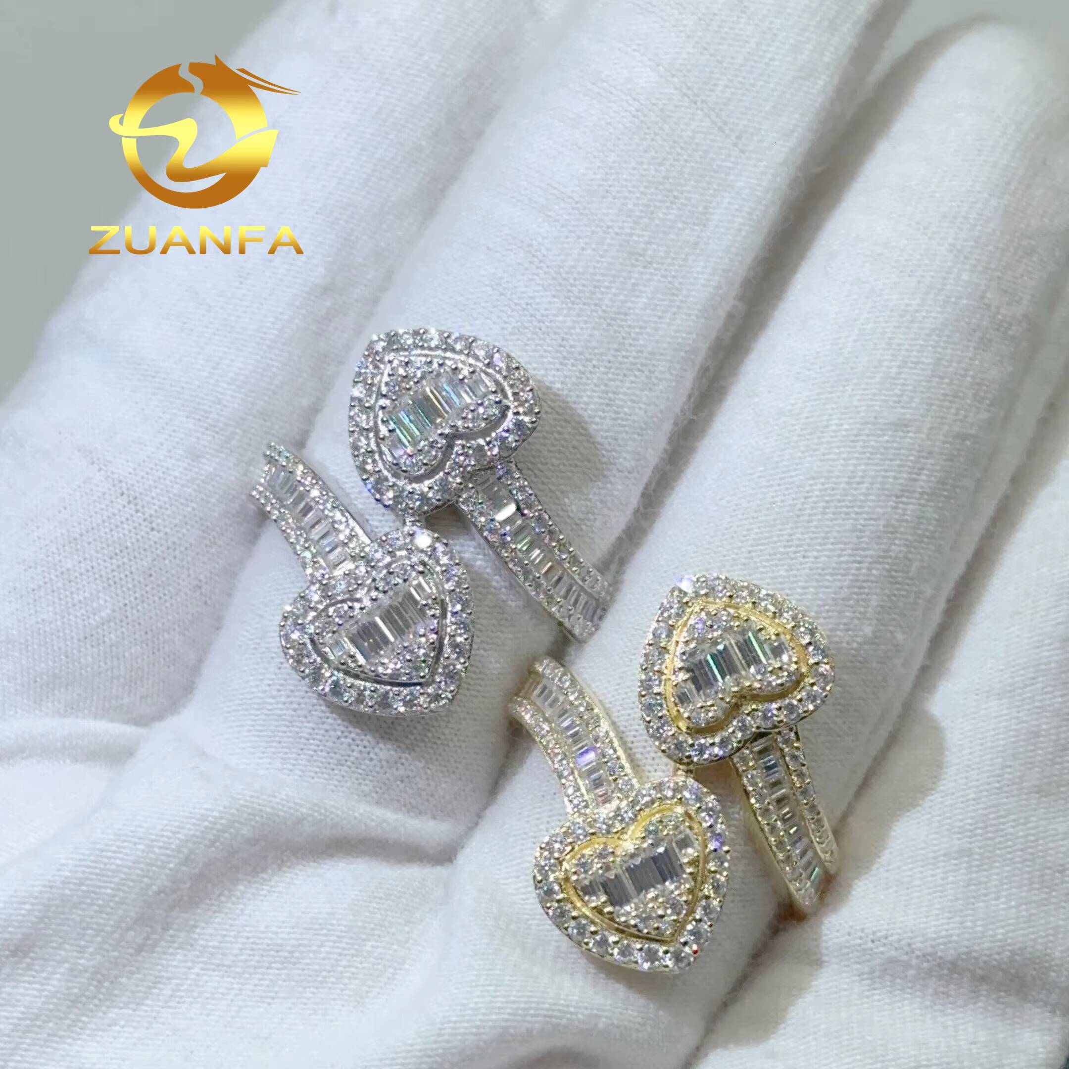 Fashion Jewelry baguette Cut Heart VVS Moissanite 925 Silver Curved Band Luxury Hiphop Ring