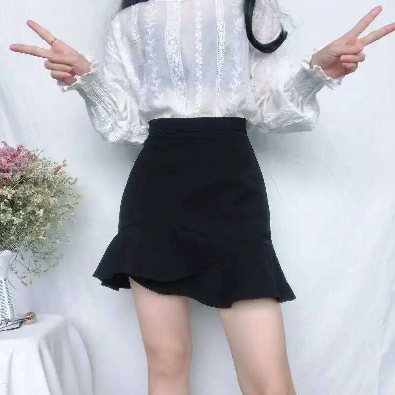 Skirts Women Summer Ruffles Korean Style Hip-skirt Slender Mini Fashion Leisure Solid Ulzzang Black Womens Faldas Chic Retro New XJ260309