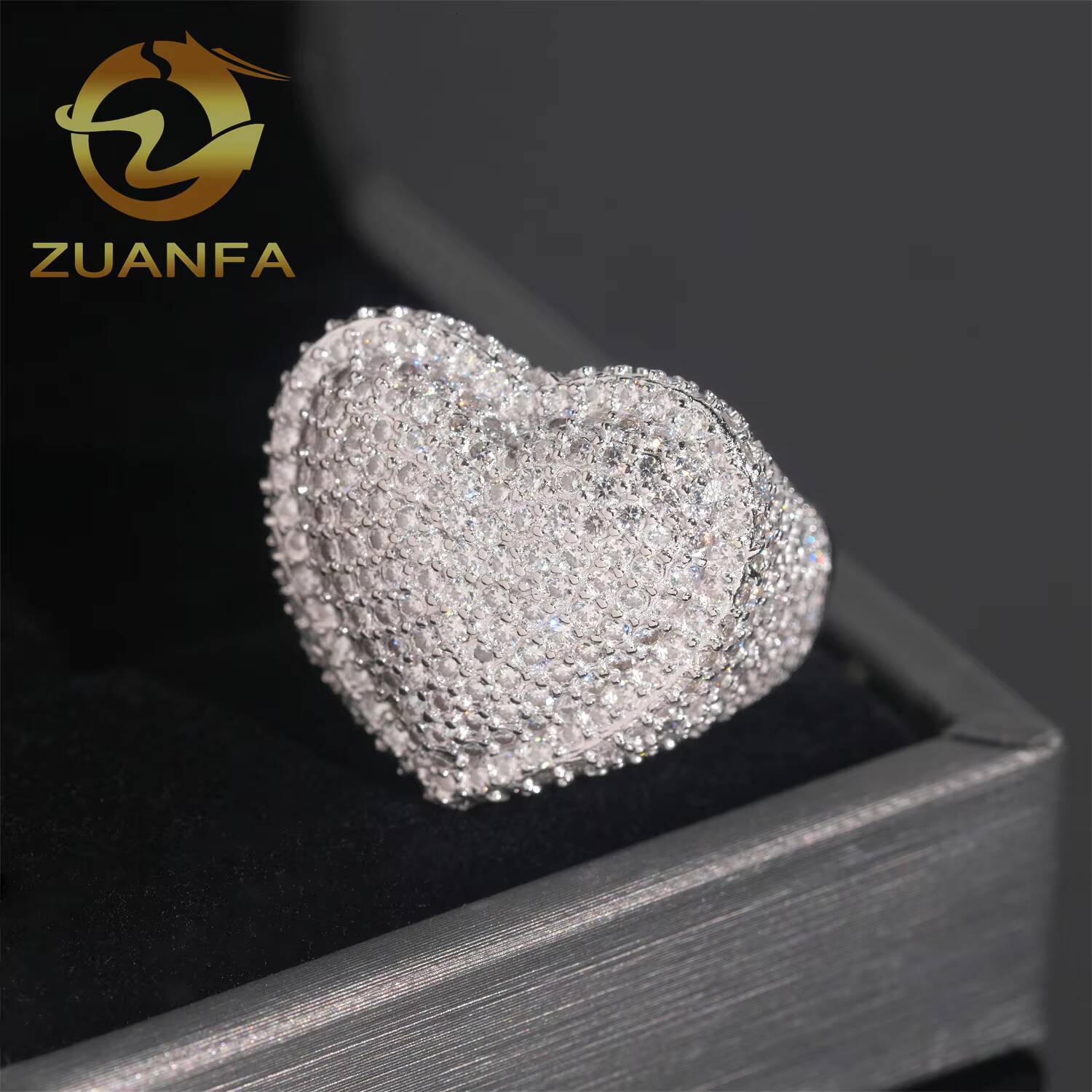 Iced Out Heart Shape Cuban Moissanite Ring 925 Sterling Silver Hip Hop Ring Pass Diamond Tester Men Ring