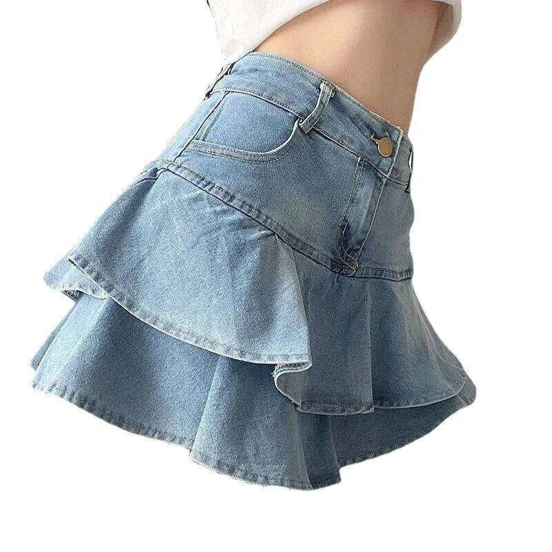 Denim For Hot Girl Ruffle Edge Jean With Button Women'S Retro High Waist Slim Fit Double Layered Short Cake Skirt XJ260309