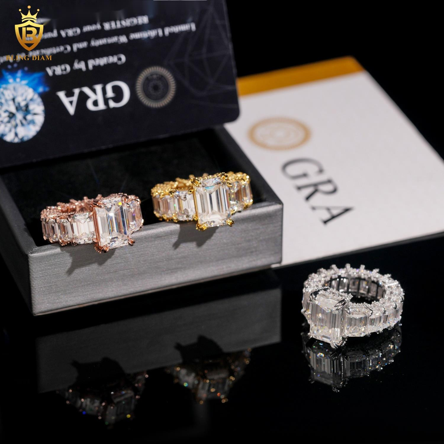 Luxury Engagement Jewelry 925 Sterling Silver Gold Big Rings Emerald Cut With Vvs Moissanite Iced Out Diamond for Men Women