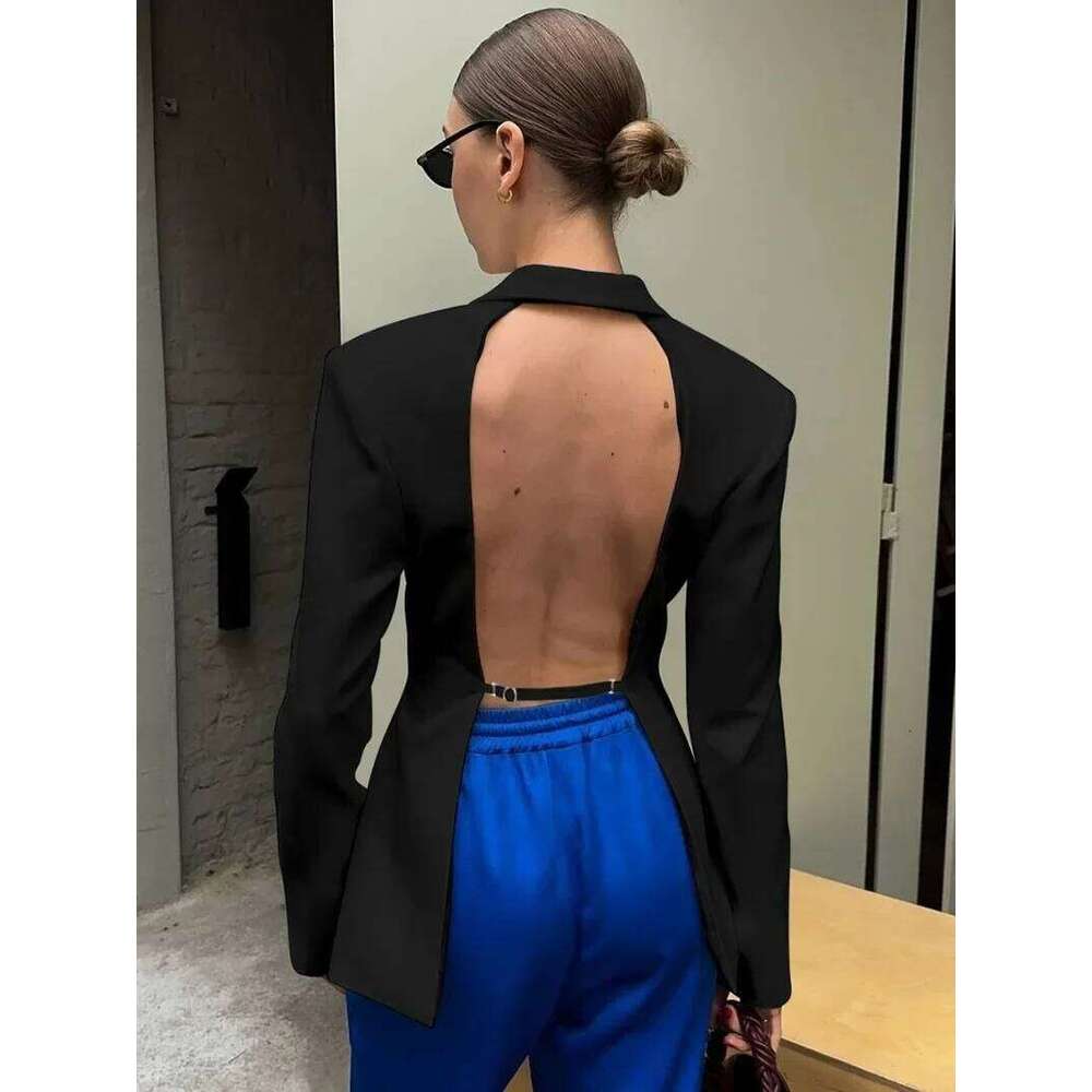 Elegant Women S Backless Black Suit Ladies Chic Long Sleeve Covered Buttons Hollow Out Blazers White Tops Coat Outerwear MAKOUFEI