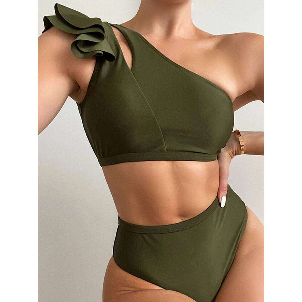 One Shoulder Bikinis 2025 Women Ruffle Swimsuit Solid High Waist Swimwear Female Padded Bathers Bathing Swimming Suit Beachwear XJ260206
