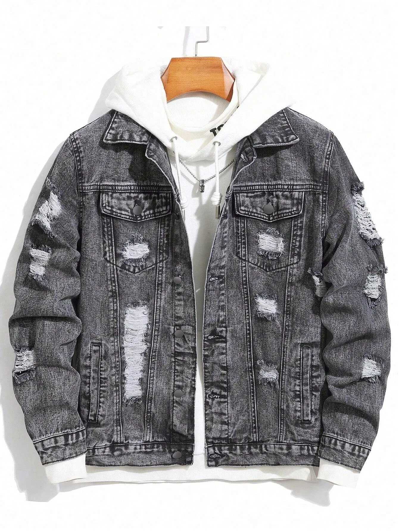 1Pc Y2Kmens Four Seasons Destroyed Washed Light Jacket Daily American Street Casual Denim Jacket No Hood/No Accessories M260309