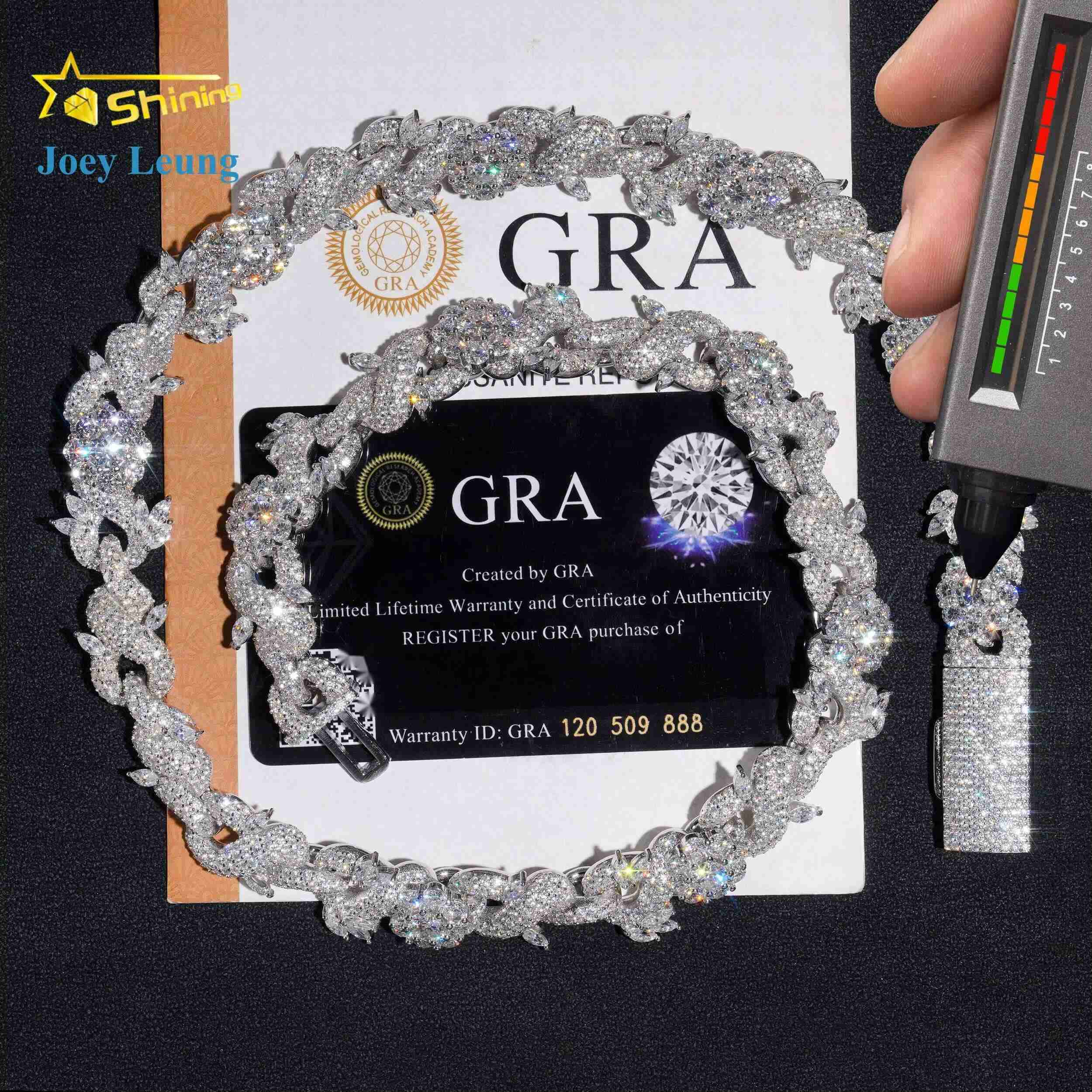 New Custom Design Silver 925 Fashion Luxury Flower Moissanite Diamond Hip Hop Jewelry Iced Out 15MM Cuban Link Chain