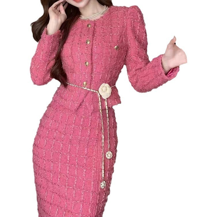 Autumn Spaghetti Strap Woolen Patchwork Mesh Tulles Midi Dress Short Tweed Jacket Coat For Women 2 Pieces Set Outfits 240708