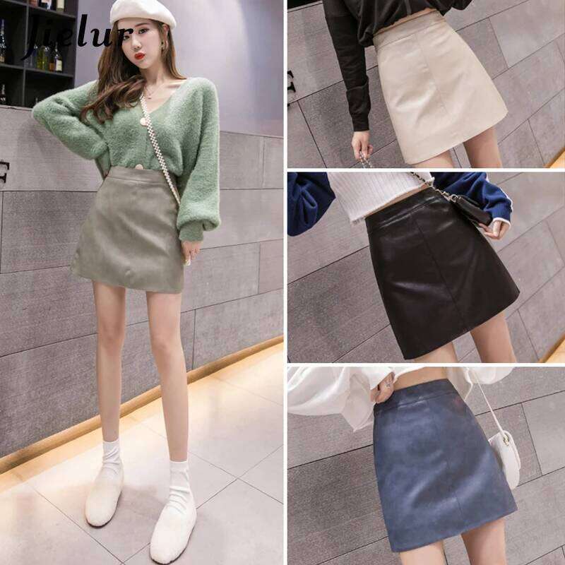 Jielur Leather Autumn Winter New Korean High Waist Mini Skirt Female 4 Colors Chic Black Sexy Saia A-line PU Skirts Women XJ260309