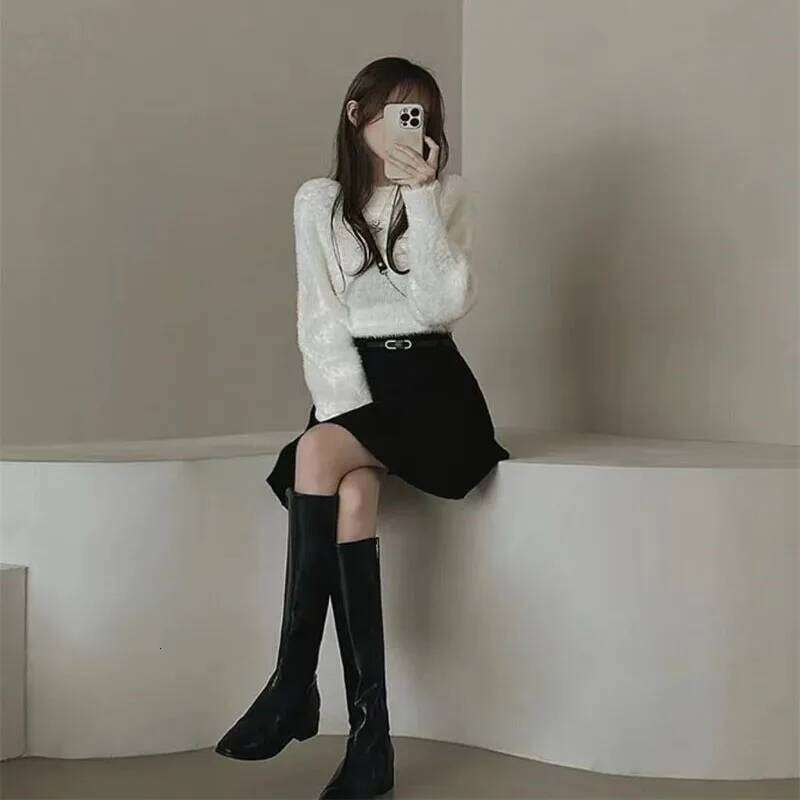 Autumn Winter Knitted Pleated Women Korean Fashion High Waist A-Line Skirts Ladies Elegant Streetwear Gray Mini Skirt XJ260309