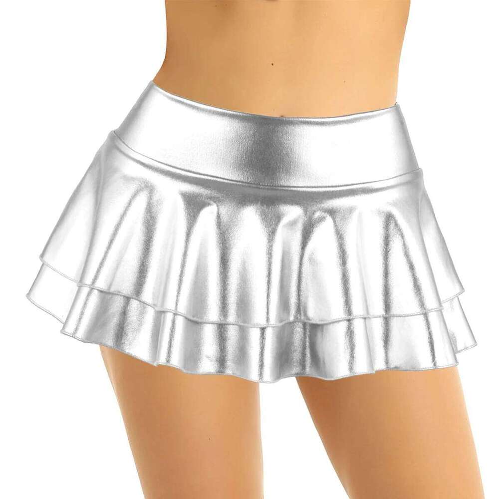 DPOIS Women Shiny Metallic Pleated Mini Skirt Adult Low Rise Elastic Skirts Ruffled Dance Costume Rave Carnival Festival Clothes XJ260309