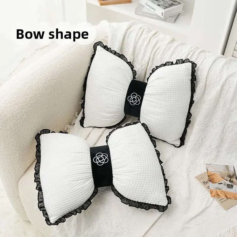 Waffle Bowknot Decorative Cushion: Lace Edge Camellia Lumbar Pillow for Living Room Support Cushion