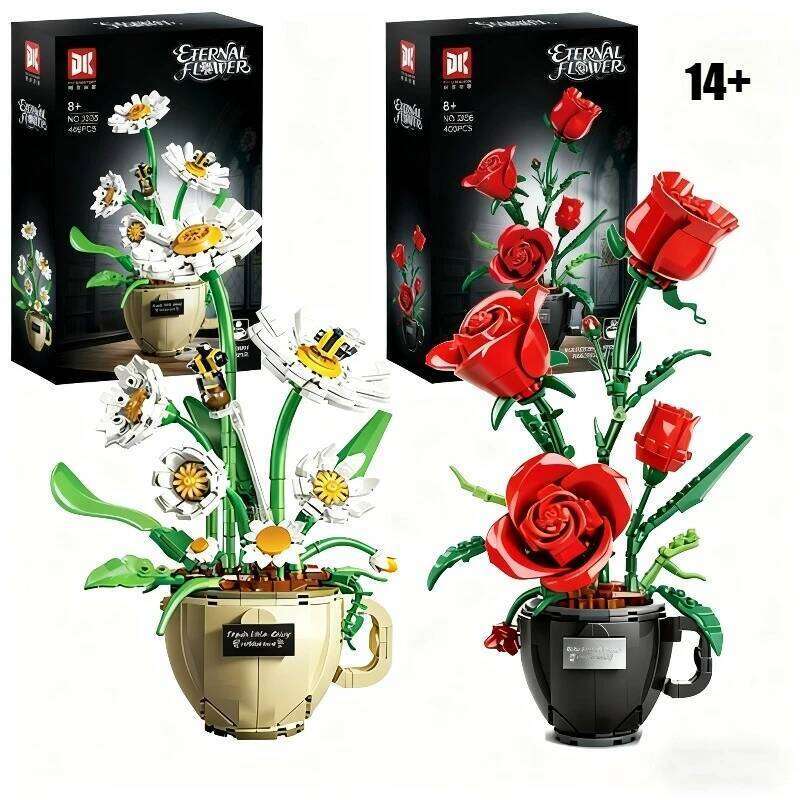 496PCS Or 450PCS Creative Daisy Rose Building Blocks Flower Bouquet Vase Model Bricks Set Home Decoration Kids Girl Toy Gift C260306