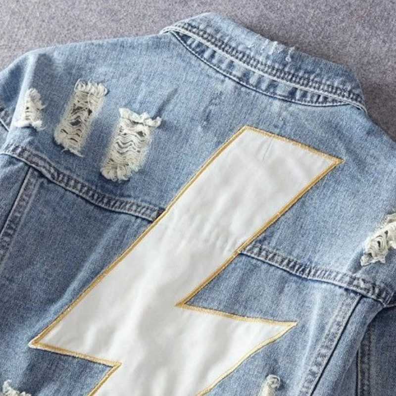 Ripped Cowboy Coat for Men with Print on Board Winter Outerwear Low Price Y2k Designer New in Size L Cost Denim Jackets Man Hole M260309