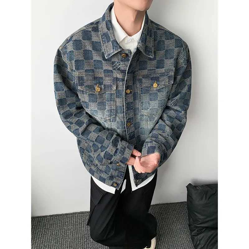 Vintage Loose Mens plaid Print Denim Jacket Spring Autumn Casual Versatile Hipster Long Sleeve Outerwear Coat M260309
