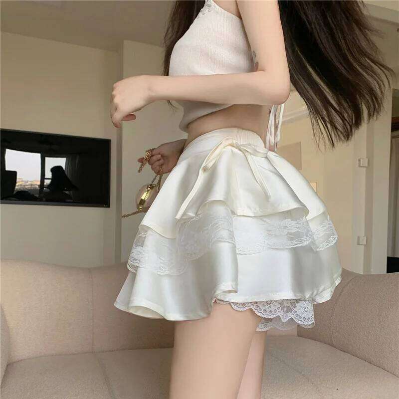 White Mini Skirts Women Lace Patchwork Sweet Ball Gown Sexy French Style Ruched Ruffled High Waist Summer Layered Romantic Gril XJ260309