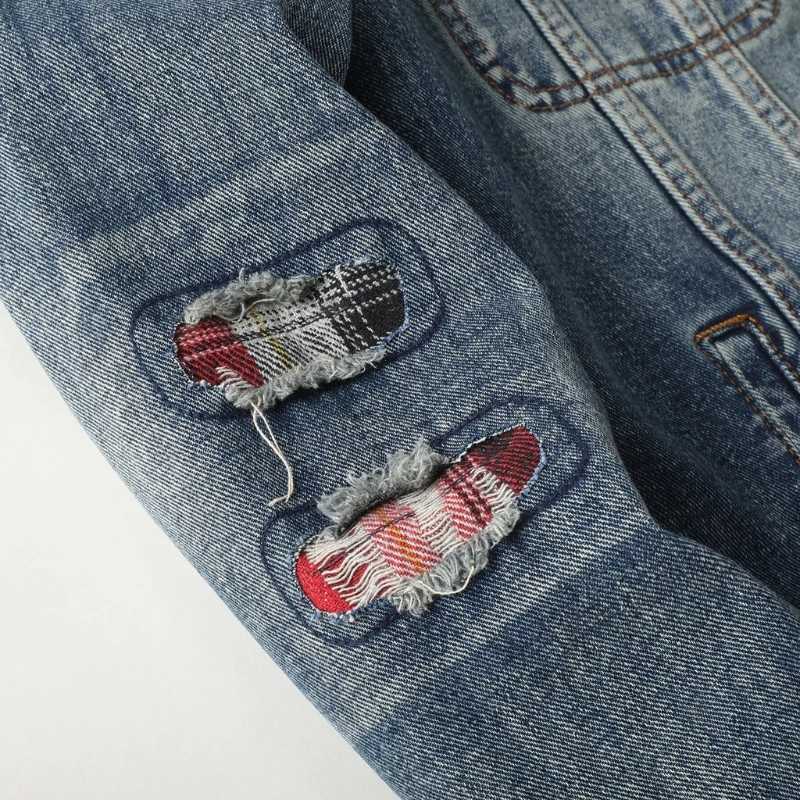American Retro Denim Jacket with Mens Ripped Hole Splicing Trendy Jacket Loose Long Sleeved Denim Jacket Korean Fashion s63 M260309