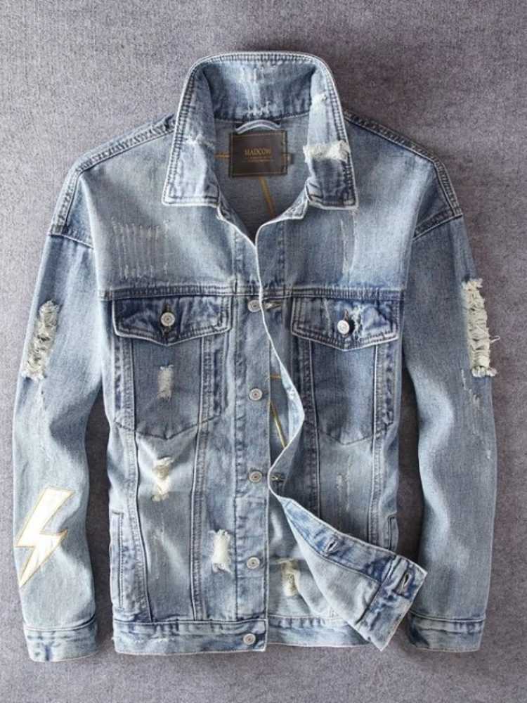 Men Lightning Patchwork Denim Jacket Embroidered Frayed Distressed Biker Moto Coat Trendy Spring Streetwear Outer Clothing M260309