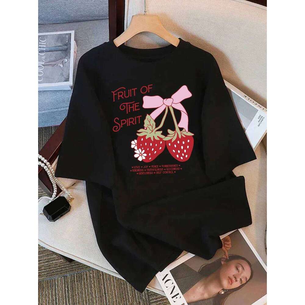 Summer T-Shirts Women Fruit of The Spirit Strawberry Print Tops O-Neck Soft Comfortable T Shirt Basic Woman Clothes Graphic Y2K XJ260306