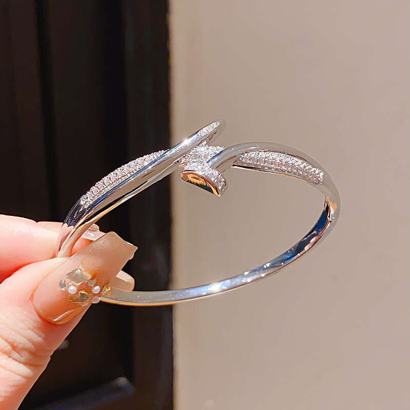 Jewelry Bracelets Bangle 18K Real Gold Plated French Zircon Cross Nail Adjustable Clasp Exquisite Unique High-End Texture Women's