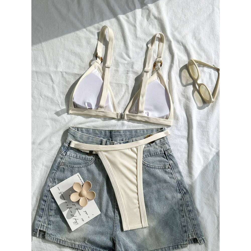 Sexy Khaki Patchwork Micro Bikini 2026 Women Brazilian Push Up Bra Metal Circle Thong Swimsuit Bathing Suit Holiday Swimwear XJ260206