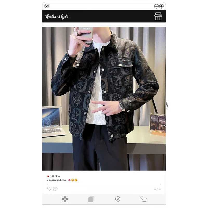 Stylish Autumn New Washed Mens Denim Jacket with Jacquard Print Pattern M260309