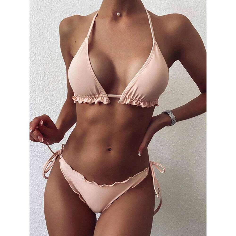 Sexy Halter String Ruffled Frilled 2025 Women Swimsuit Female Swimwear Two pieces Bikini Set Bather bathing suit Swim XJ260206