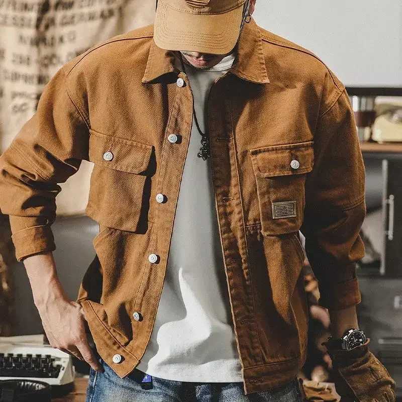 Mens Denim Jacket Vintage Brown Male Jean Coats Cargo Designer Washed Clothing Winter 2025 Korean Style Elatic Original Cowboy M260309