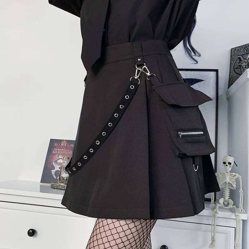 Plus Size Harajuku Punk Gothic High Waist Black Skirts Women Sexy Patchwork Bandage Mini Female Streetwear XJ260309