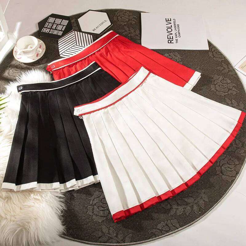 Women's Pleated Skirt Skater School Uniform Mini Skirts Hit Color High-waisted Red Short Sports Casual Korean Style Kawaii XJ260309