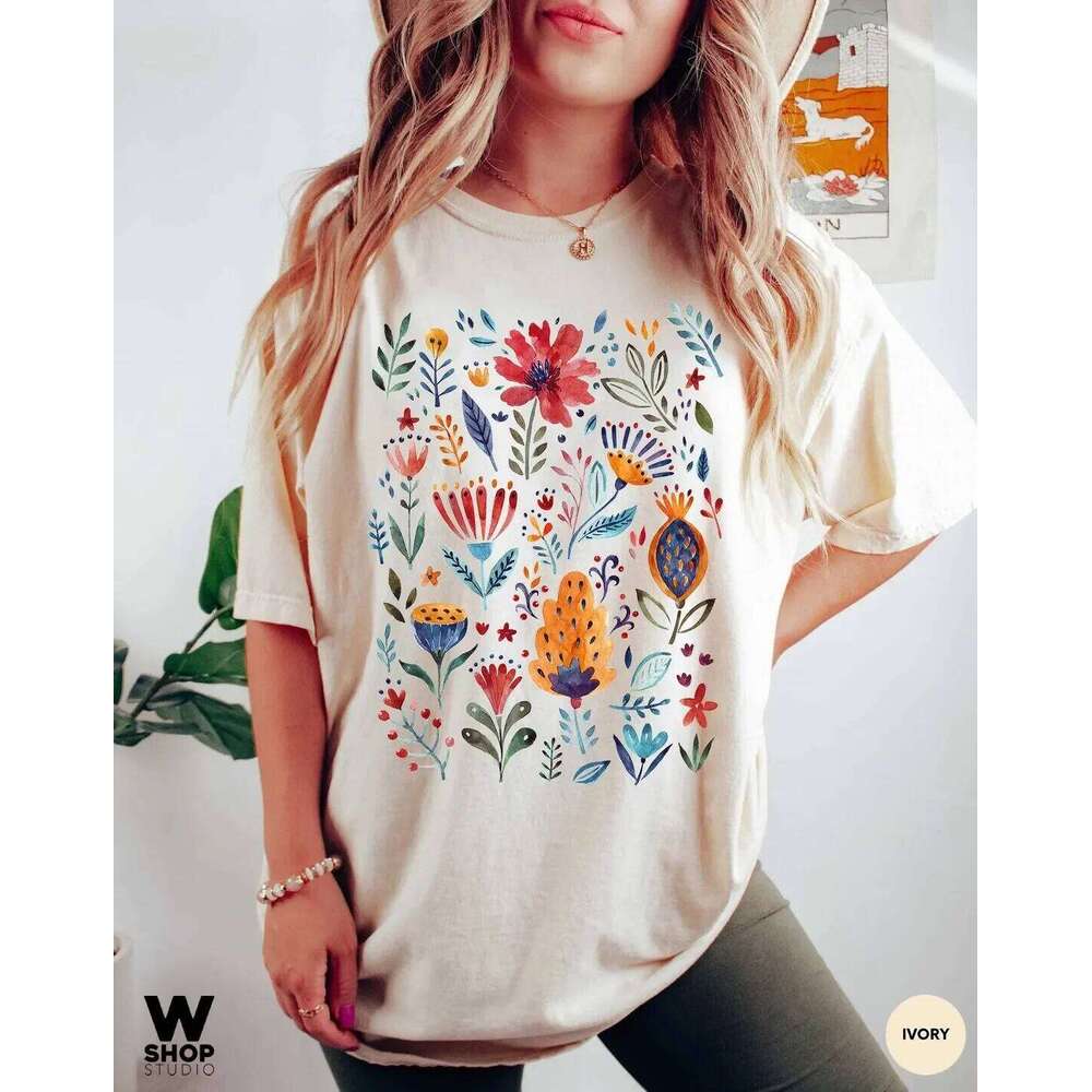 Harajuku 90s Fashion Leisure Women's Flower Pattern T-Shirt Clothing Short Sleeve Printed Watercolor Trendy T-Sh XJ260306