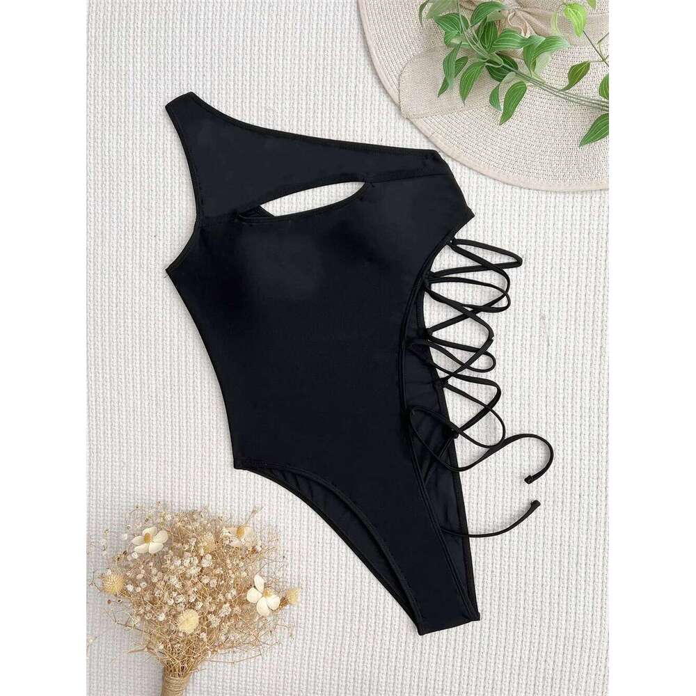 High Cut Drawstring Bikini Black Sexy Hollow Out Luxury Swimsuit Cross Bandage Monokini Punk Swimwear Women Bath Beach Swim Suit XJ260206