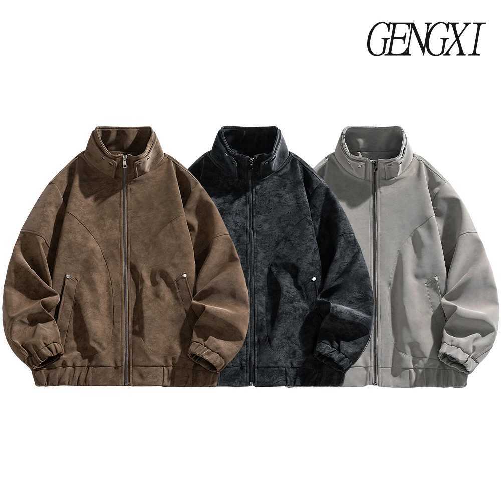 High Street Mens Suede Textured Stand-Up Collar Leather Jacket Vintage Pilot Jacket Loose-Fitting Windproof Coat M260309