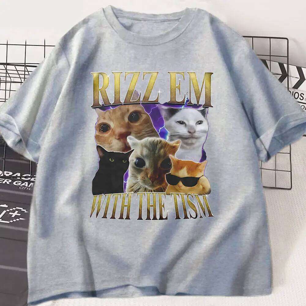 Rizz Em with The Tism T-Shirt Retro Funny Cat Summer T Shirt Tops Women Clothing Casual Short Sleeve T-Shirts graphic Y2K XJ260306