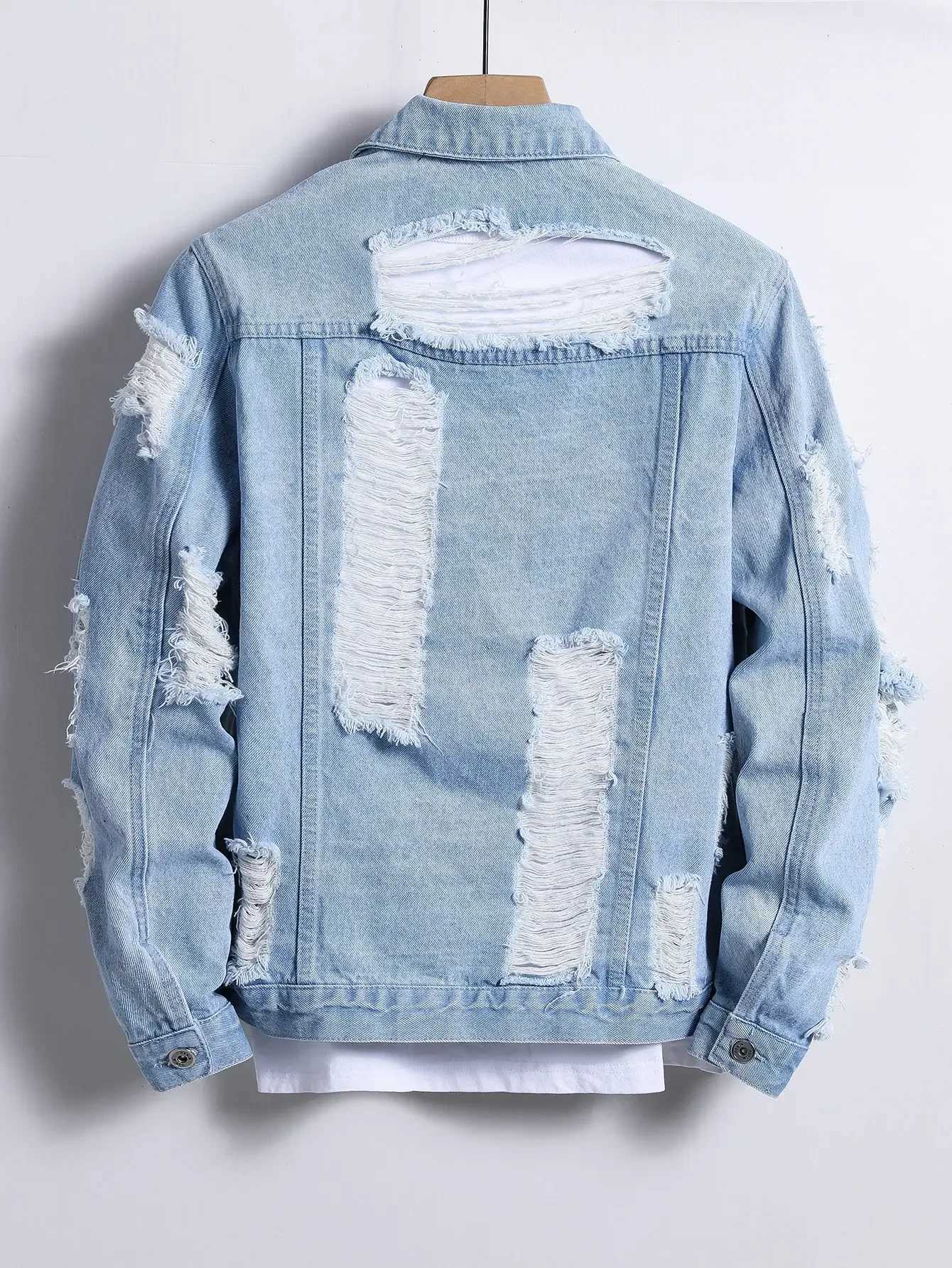 GELITAYIN Mens Denim Jacket For Spring And Autumn Light Blue Ripped Denim Jacket Street Trend Style Daily Casual M260309