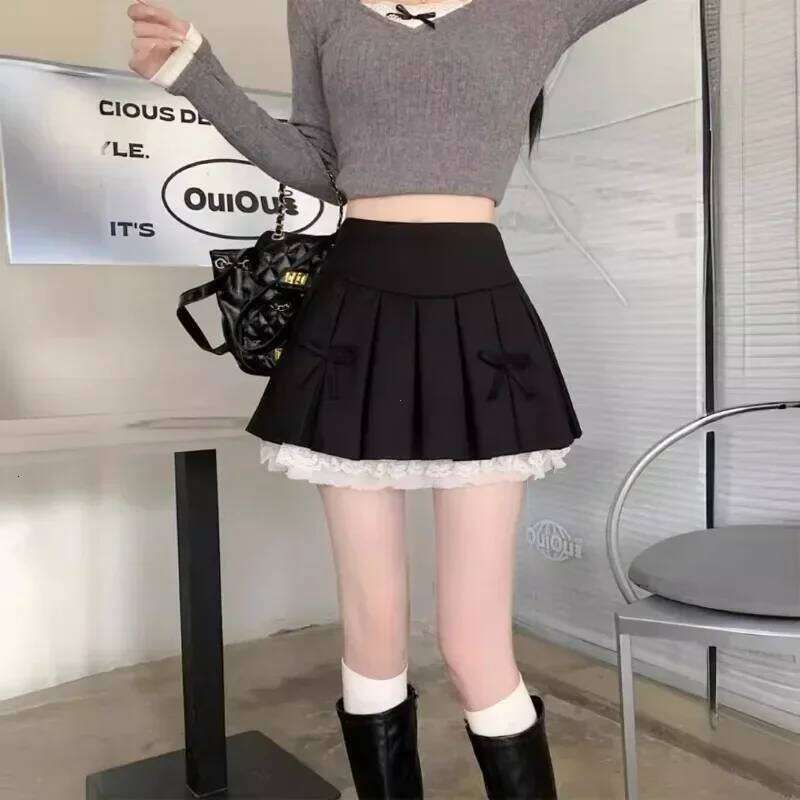 Korean Fashion Sweet High Waist College for Womenn Lace Preppy Bow Female A-line Pleated Skirt Y2k XJ260309