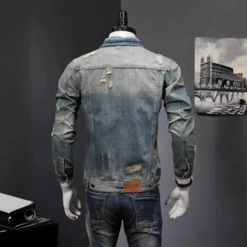 Men Denim Jackets New Youthful and Handsome Top Fashionable Loose Casual Jacket Lapels Pockets Spliced Designs Break Hole Coats M260309