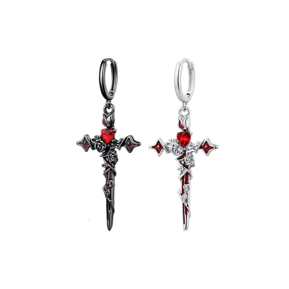Womens Jewelry Earrings stud black and white cross red heart gem pendant earrings gothic punk style personality unique earrings suitable for dating pa - view 3