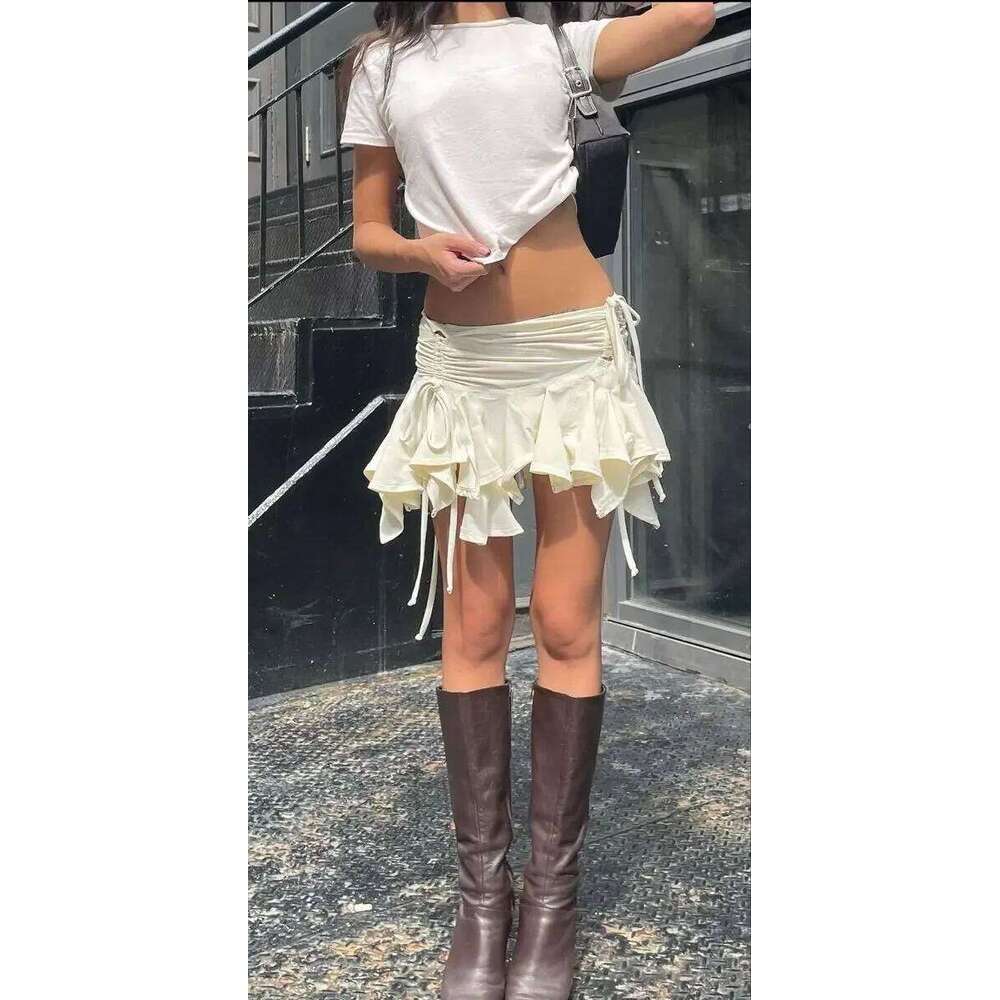 Y2k Clothing Women Solid Color Gothic Punk Irregular Skirts Summer Drawstring Tie-Up Ruched Ruffles Mini Skirt Streetwear XJ260309