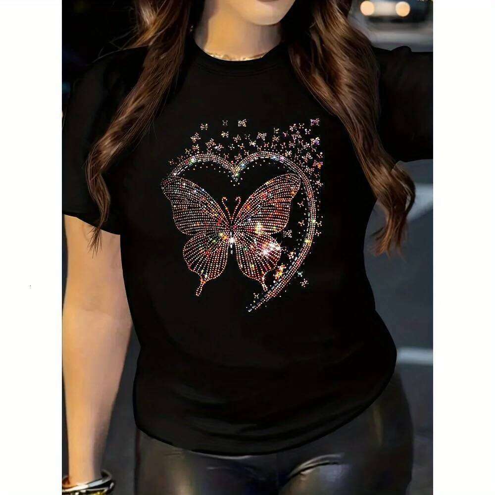Chic Valentine's Day Butterfly Heart Print Casual T-Shirt for Women Clothing TopSoft Polyester, Crew Neck, Short Sleeve, Black XJ260306